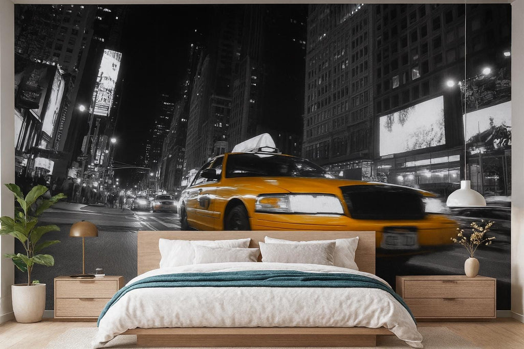 Yellow Taxi Wall Mural 3D Wallpaper – New York City Night Street Wall Art – Bold Modern Urban Bedroom Decor – Stylish Gift for Him or Her