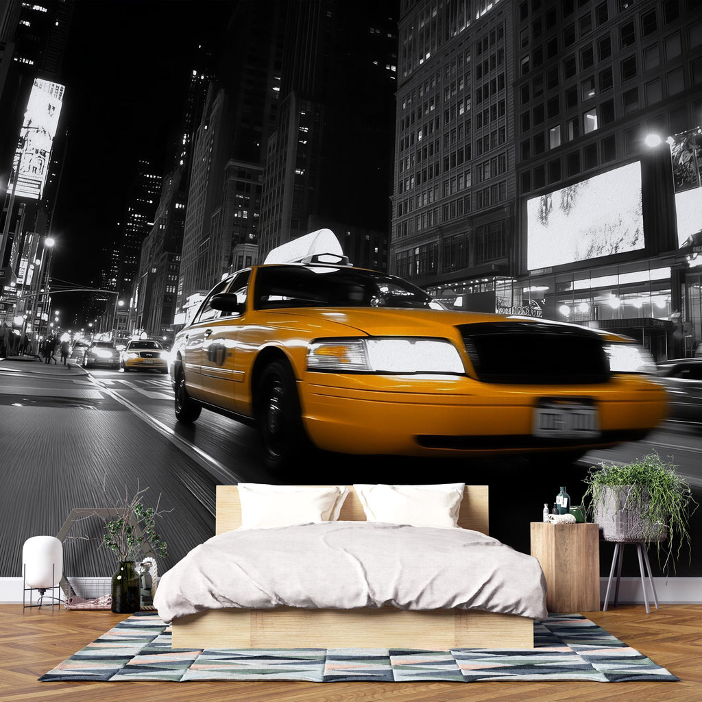 Yellow Taxi Wall Mural 3D Wallpaper – New York City Night Street Wall Art – Bold Modern Urban Bedroom Decor – Stylish Gift for Him or Her