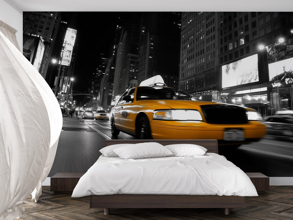 Yellow Taxi Wall Mural 3D Wallpaper – New York City Night Street Wall Art – Bold Modern Urban Bedroom Decor – Stylish Gift for Him or Her