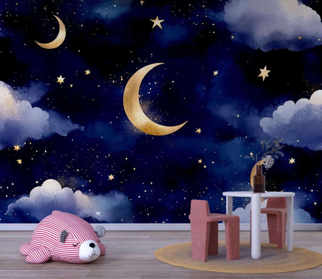Moon And Stars Wallpaper For Nursery – Night Sky Kids Room Wall Mural – 3D Peel And Stick Stylish Wall Decor – Bold Modern Baby Shower