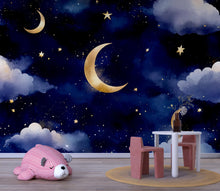 Load image into Gallery viewer, Moon And Stars Wallpaper For Nursery – Night Sky Kids Room Wall Mural – 3D Peel And Stick Stylish Wall Decor – Bold Modern Baby Shower