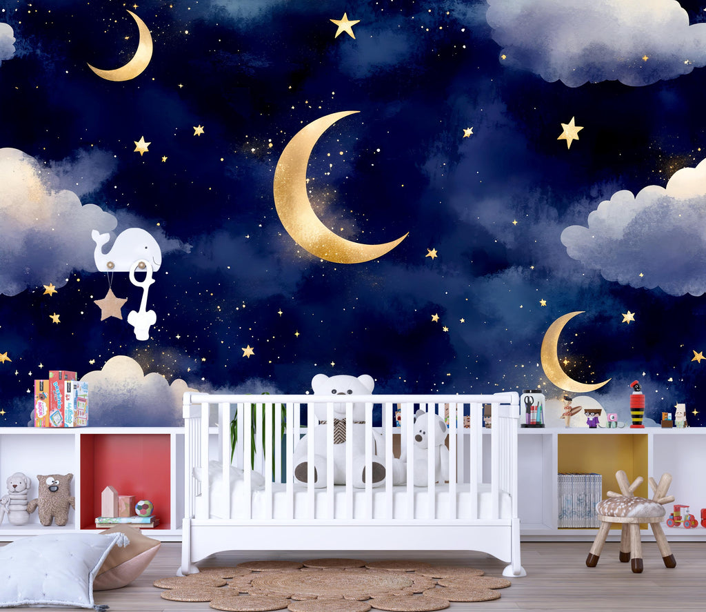 Moon And Stars Wallpaper For Nursery – Night Sky Kids Room Wall Mural – 3D Peel And Stick Stylish Wall Decor – Bold Modern Baby Shower
