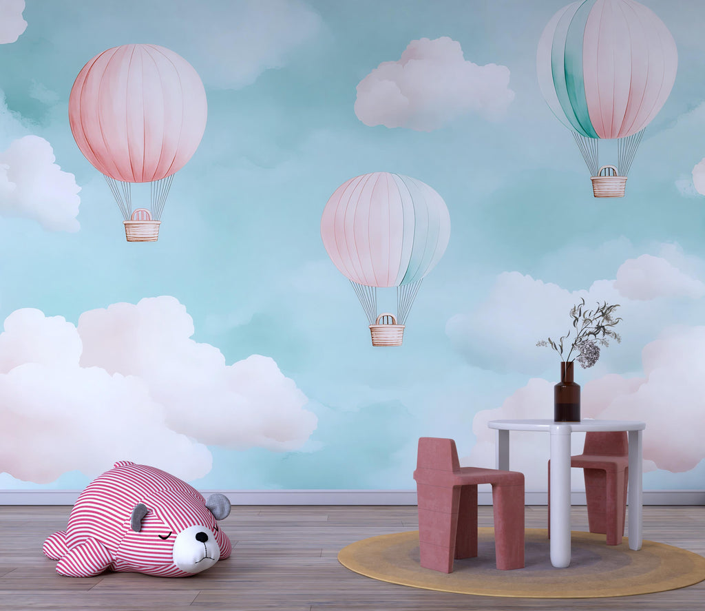 Hot Air Balloon Wallpaper For Nursery – 3D Sky Clouds Wall Mural – Peel And Stick Stylish Kids Room Decor – Modern Bold Baby Shower