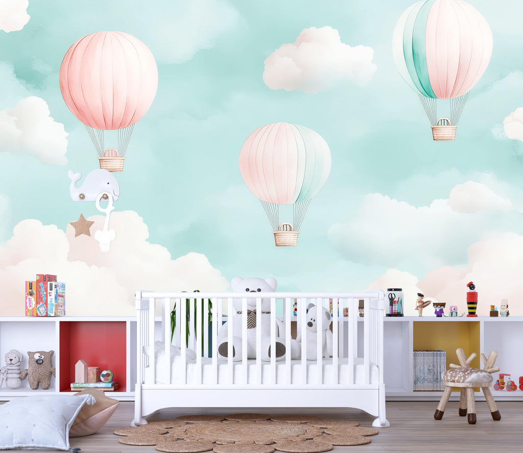 Hot Air Balloon Wallpaper For Nursery – 3D Sky Clouds Wall Mural – Peel And Stick Stylish Kids Room Decor – Modern Bold Baby Shower