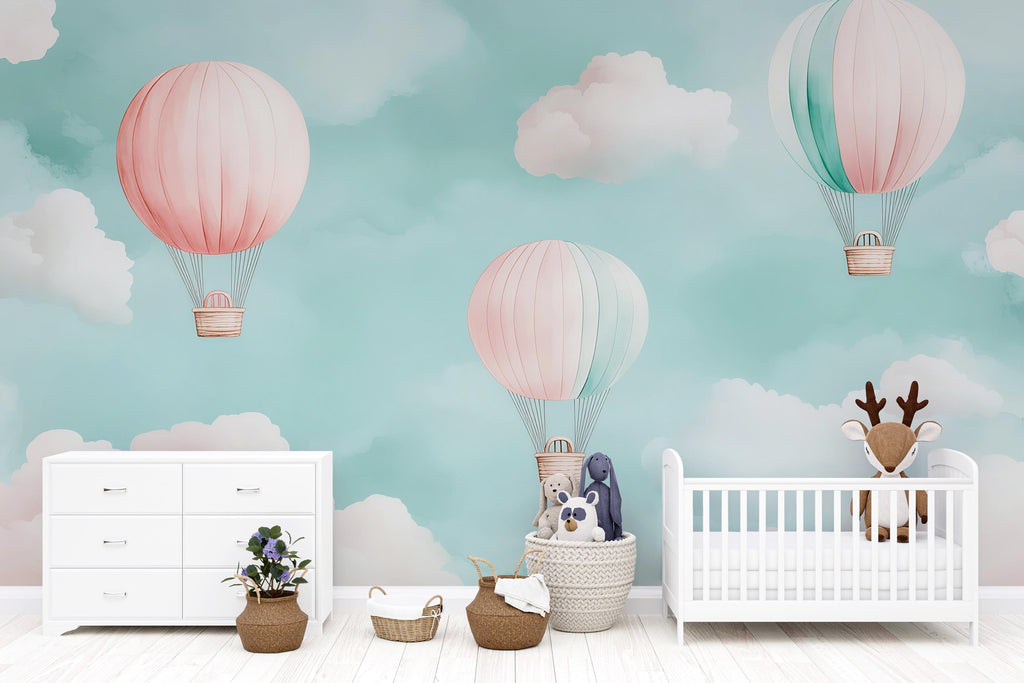 Hot Air Balloon Wallpaper For Nursery – 3D Sky Clouds Wall Mural – Peel And Stick Stylish Kids Room Decor – Modern Bold Baby Shower