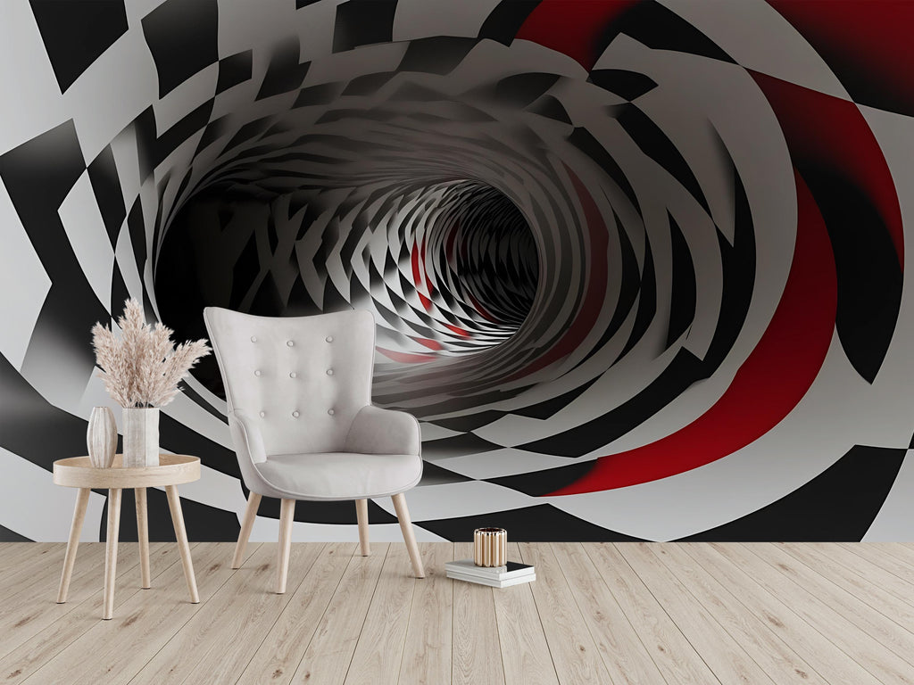 3D Tunnel Illusion Wallpaper, Black White Red Geometric Modern Wall Mural, Stylish Abstract Optical Wall Decor for Living Room Bedroom