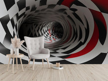 Load image into Gallery viewer, 3D Tunnel Illusion Wallpaper, Black White Red Geometric Modern Wall Mural, Stylish Abstract Optical Wall Decor for Living Room Bedroom