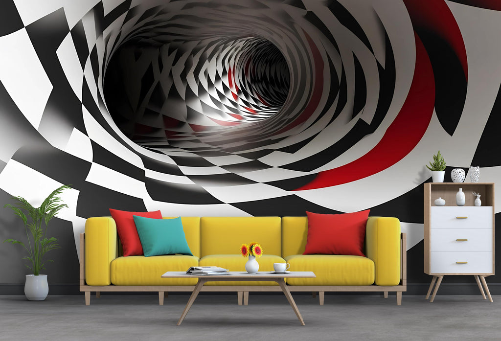 3D Tunnel Illusion Wallpaper, Black White Red Geometric Modern Wall Mural, Stylish Abstract Optical Wall Decor for Living Room Bedroom