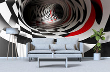 Load image into Gallery viewer, 3D Tunnel Illusion Wallpaper, Black White Red Geometric Modern Wall Mural, Stylish Abstract Optical Wall Decor for Living Room Bedroom