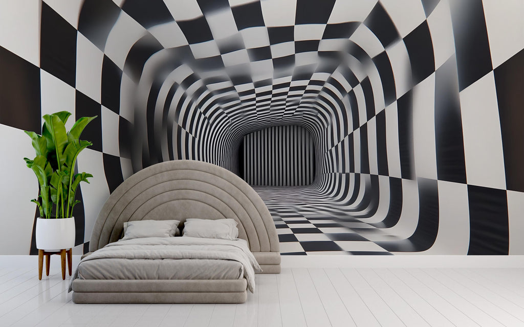 3D Tunnel Illusion Wallpaper, Black White Checkered Geometric Wall Mural, Modern Abstract Optical Art Room Decor, Bold Peel And Stick Wall