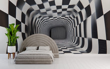 Load image into Gallery viewer, 3D Tunnel Illusion Wallpaper, Black White Checkered Geometric Wall Mural, Modern Abstract Optical Art Room Decor, Bold Peel And Stick Wall