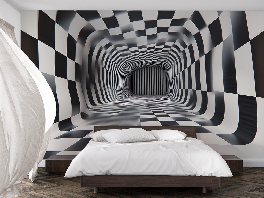 3D Tunnel Illusion Wallpaper, Black White Checkered Geometric Wall Mural, Modern Abstract Optical Art Room Decor, Bold Peel And Stick Wall