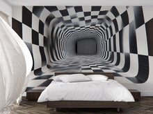 Load image into Gallery viewer, 3D Tunnel Illusion Wallpaper, Black White Checkered Geometric Wall Mural, Modern Abstract Optical Art Room Decor, Bold Peel And Stick Wall