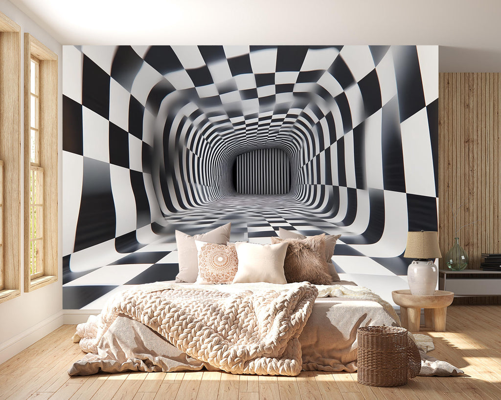 3D Tunnel Illusion Wallpaper, Black White Checkered Geometric Wall Mural, Modern Abstract Optical Art Room Decor, Bold Peel And Stick Wall