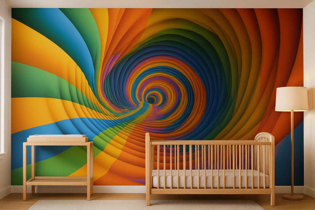 Rainbow 3D Tunnel Wallpaper Mural | Colorful Optical Illusion Wall Art for Kids Room Nursery | Bold Modern Peel and Stick Wall Decor