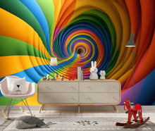 Load image into Gallery viewer, Rainbow 3D Tunnel Wallpaper Mural | Colorful Optical Illusion Wall Art for Kids Room Nursery | Bold Modern Peel and Stick Wall Decor
