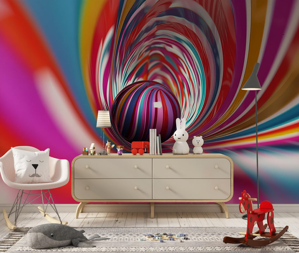 Rainbow Swirl 3D Tunnel Wallpaper – Colorful Optical Illusion Wall Mural for Nursery, Kids Room, Modern Bedroom or Playroom Stylish Wall