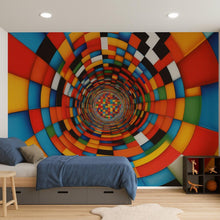 Load image into Gallery viewer, 3D Colorful Tunnel Wallpaper | Bold Optical Illusion Wall Mural | Modern Kids Room Decor | Vibrant Geometric Peel And Stick Wall Art