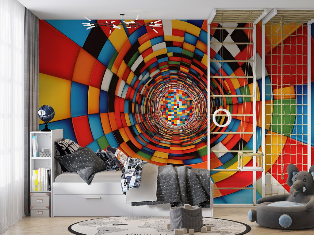 3D Colorful Tunnel Wallpaper | Bold Optical Illusion Wall Mural | Modern Kids Room Decor | Vibrant Geometric Peel And Stick Wall Art