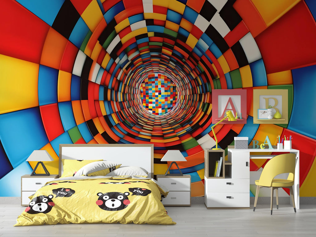 3D Colorful Tunnel Wallpaper | Bold Optical Illusion Wall Mural | Modern Kids Room Decor | Vibrant Geometric Peel And Stick Wall Art