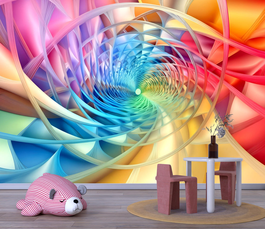 3D Rainbow Swirl Tunnel Wallpaper Mural | Modern Bold Wall Decor For Kids Room, Bedroom, Nursery, Playroom | Colorful Peel And Stick