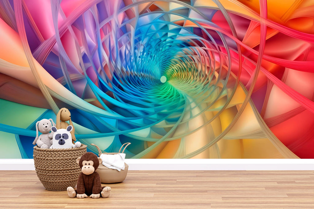 3D Rainbow Swirl Tunnel Wallpaper Mural | Modern Bold Wall Decor For Kids Room, Bedroom, Nursery, Playroom | Colorful Peel And Stick