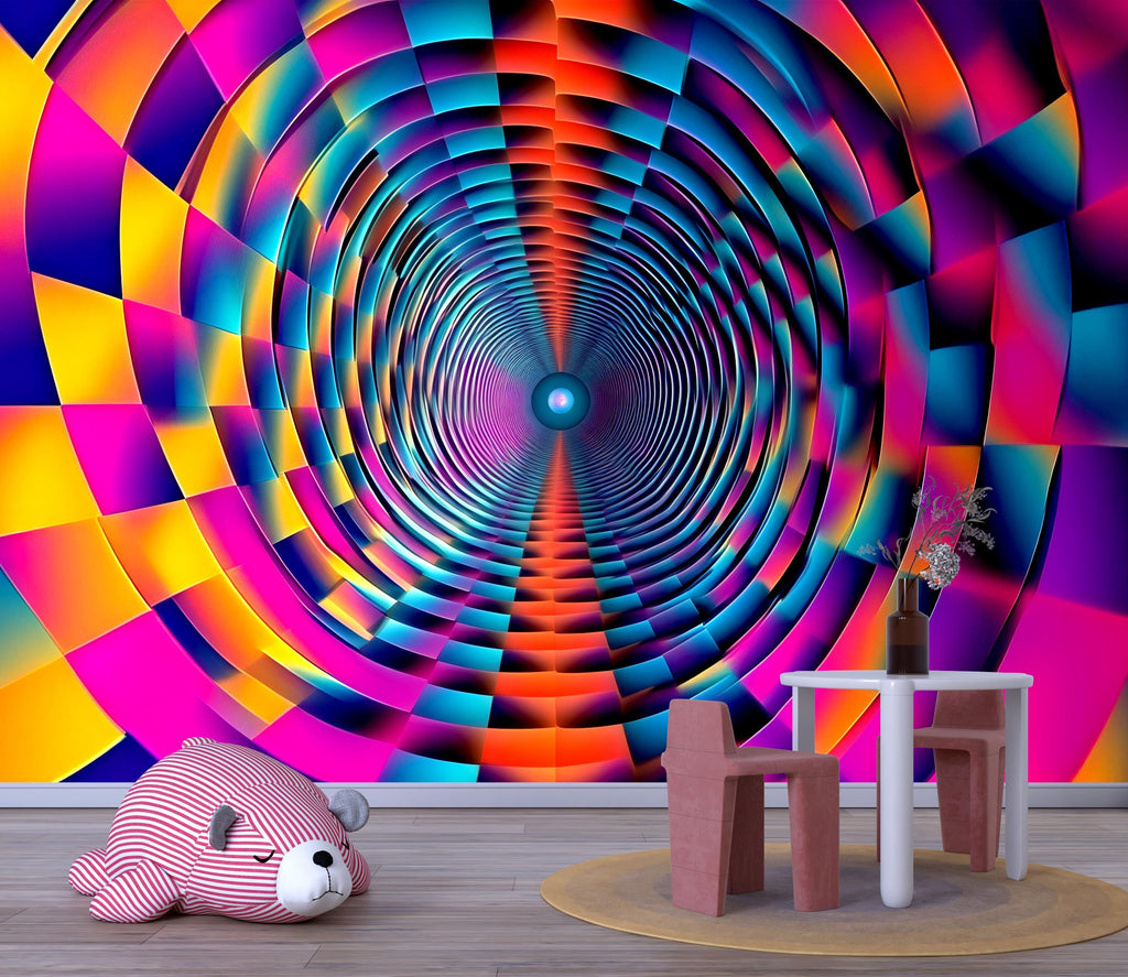Colorful 3D Tunnel Rainbow Wallpaper Mural | Trippy Modern Wall Decor | Bold Optical Illusion Geometric Design | Kids Room, Living Room