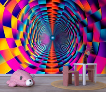 Load image into Gallery viewer, Colorful 3D Tunnel Rainbow Wallpaper Mural | Trippy Modern Wall Decor | Bold Optical Illusion Geometric Design | Kids Room, Living Room