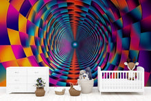 Load image into Gallery viewer, Colorful 3D Tunnel Rainbow Wallpaper Mural | Trippy Modern Wall Decor | Bold Optical Illusion Geometric Design | Kids Room, Living Room
