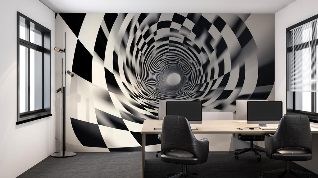 3D Optical Illusion Wallpaper Black And White Modern Tunnel Wall Mural Stylish Room Decor Bold Geometric Wall Art For Bedroom Office