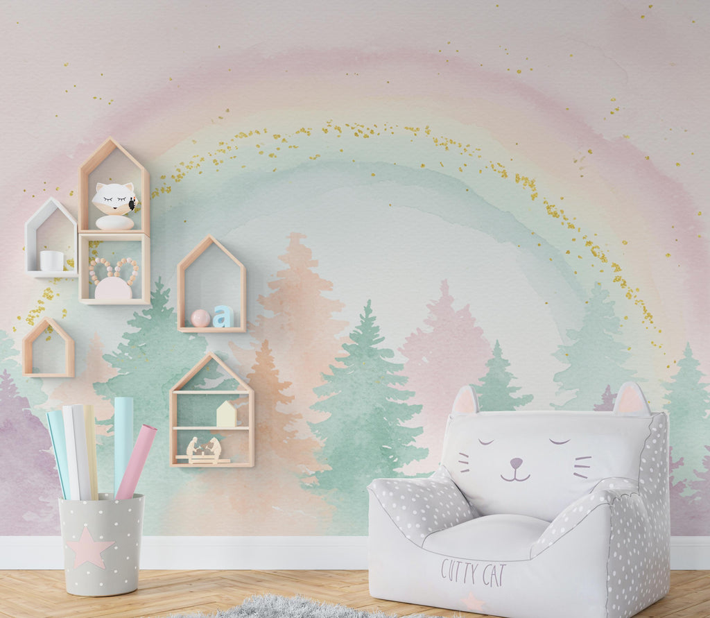 Rainbow Watercolor Forest Wallpaper Colorful Nursery Peel Stick Girl room Wallpaper Nursery Self Adhesive Rainbow nursery decor Mural 902RS