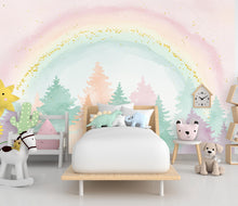 Load image into Gallery viewer, Rainbow Watercolor Forest Wallpaper Colorful Nursery Peel Stick Girl room Wallpaper Nursery Self Adhesive Rainbow nursery decor Mural 902RS