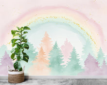 Load image into Gallery viewer, Rainbow Watercolor Forest Wallpaper Colorful Nursery Peel Stick Girl room Wallpaper Nursery Self Adhesive Rainbow nursery decor Mural 902RS
