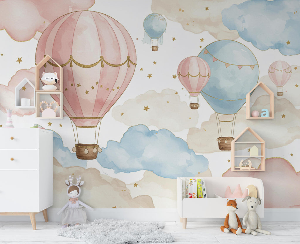 Balloon Watercolor Cloud Wallpaper Colorful Nursery Peel Stick Girl room Wallpaper Nursery Self Adhesive Rainbow nursery decor Mural 903RS