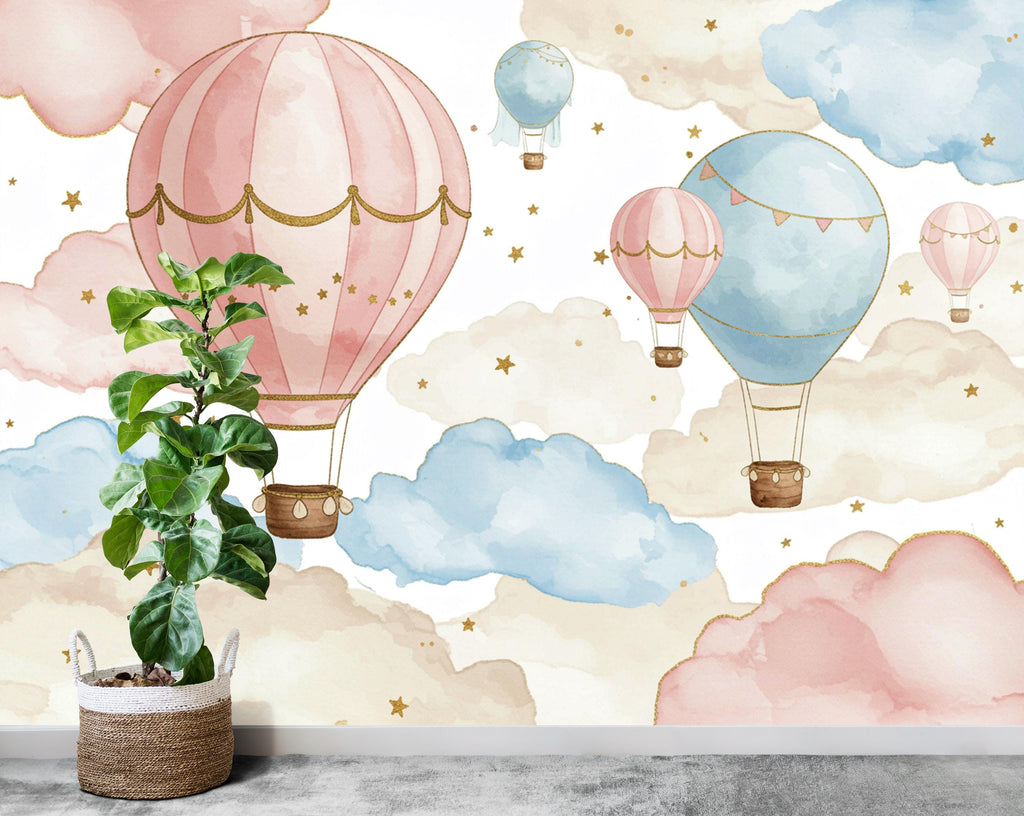 Balloon Watercolor Cloud Wallpaper Colorful Nursery Peel Stick Girl room Wallpaper Nursery Self Adhesive Rainbow nursery decor Mural 903RS