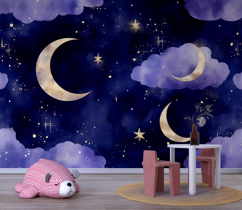 Moon And Stars Wallpaper For Nursery – Dark Night Sky Wall Mural – 3D Peel And Stick Stylish Wall Decor – Modern Bold Kids Room Baby Shower
