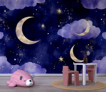 Load image into Gallery viewer, Moon And Stars Wallpaper For Nursery – Dark Night Sky Wall Mural – 3D Peel And Stick Stylish Wall Decor – Modern Bold Kids Room Baby Shower