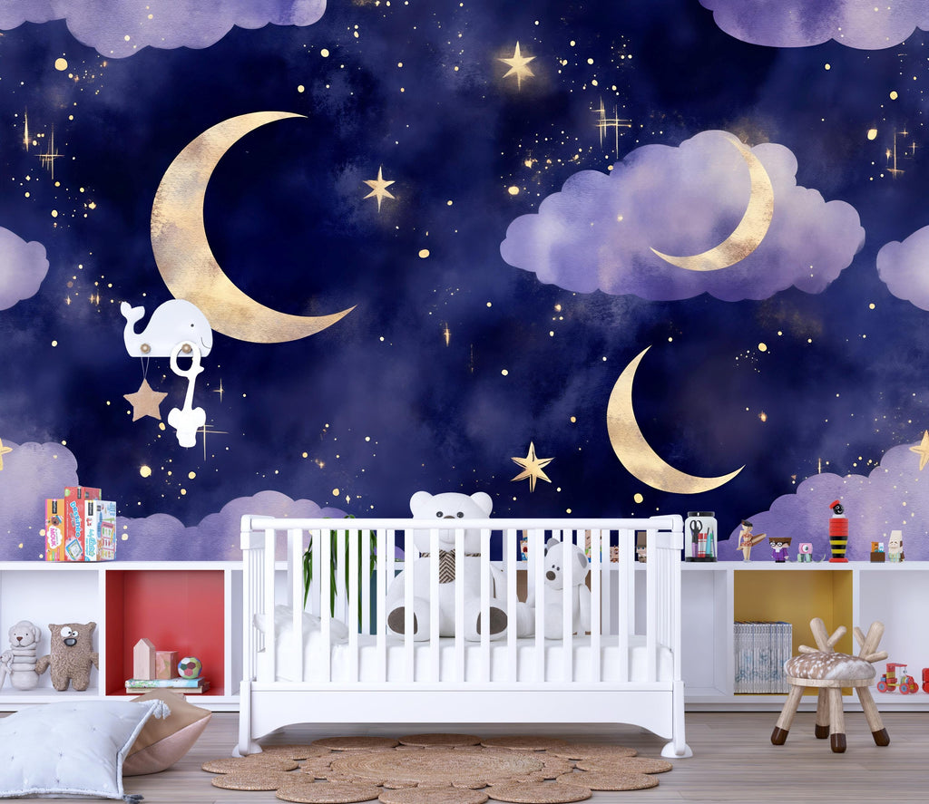 Moon And Stars Wallpaper For Nursery – Dark Night Sky Wall Mural – 3D Peel And Stick Stylish Wall Decor – Modern Bold Kids Room Baby Shower