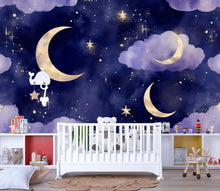 Load image into Gallery viewer, Moon And Stars Wallpaper For Nursery – Dark Night Sky Wall Mural – 3D Peel And Stick Stylish Wall Decor – Modern Bold Kids Room Baby Shower
