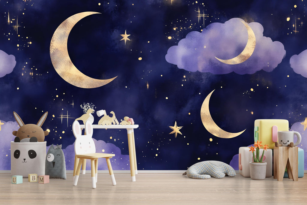 Moon And Stars Wallpaper For Nursery – Dark Night Sky Wall Mural – 3D Peel And Stick Stylish Wall Decor – Modern Bold Kids Room Baby Shower