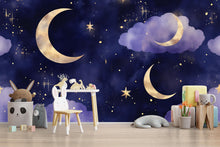 Load image into Gallery viewer, Moon And Stars Wallpaper For Nursery – Dark Night Sky Wall Mural – 3D Peel And Stick Stylish Wall Decor – Modern Bold Kids Room Baby Shower