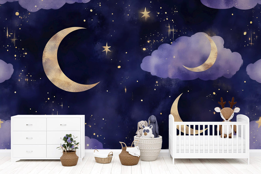 Moon And Stars Wallpaper For Nursery – Dark Night Sky Wall Mural – 3D Peel And Stick Stylish Wall Decor – Modern Bold Kids Room Baby Shower