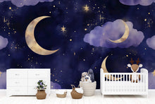 Load image into Gallery viewer, Moon And Stars Wallpaper For Nursery – Dark Night Sky Wall Mural – 3D Peel And Stick Stylish Wall Decor – Modern Bold Kids Room Baby Shower