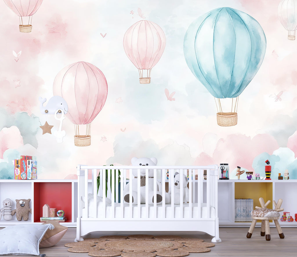Pastel Hot Air Balloon Wallpaper For Nursery – 3D Cloud Sky Wall Mural – Peel And Stick Stylish Kids Room Decor – Modern Bold Baby Shower