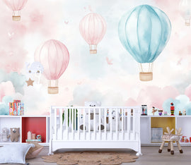 Pastel Hot Air Balloon Wallpaper For Nursery – 3D Cloud Sky Wall Mural – Peel And Stick Stylish Kids Room Decor – Modern Bold Baby Shower