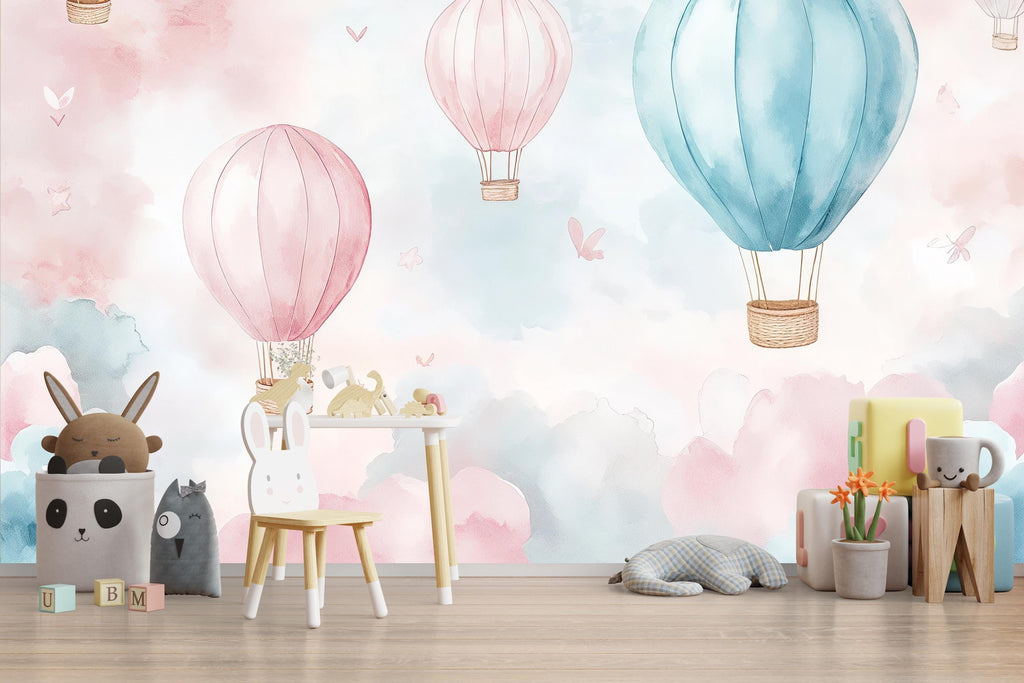 Pastel Hot Air Balloon Wallpaper For Nursery – 3D Cloud Sky Wall Mural – Peel And Stick Stylish Kids Room Decor – Modern Bold Baby Shower