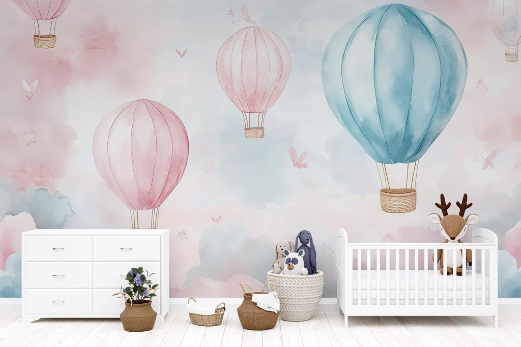 Pastel Hot Air Balloon Wallpaper For Nursery – 3D Cloud Sky Wall Mural – Peel And Stick Stylish Kids Room Decor – Modern Bold Baby Shower