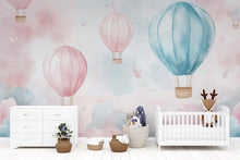Load image into Gallery viewer, Pastel Hot Air Balloon Wallpaper For Nursery – 3D Cloud Sky Wall Mural – Peel And Stick Stylish Kids Room Decor – Modern Bold Baby Shower