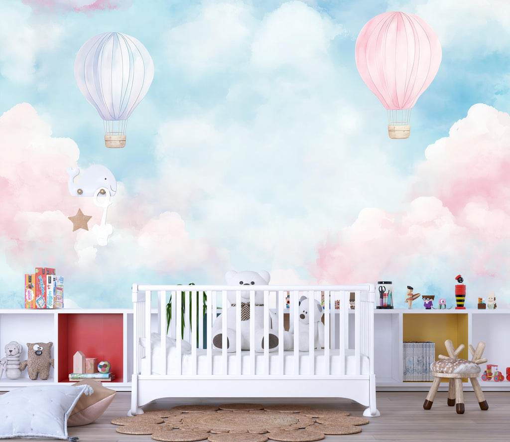 Hot Air Balloon Wallpaper For Nursery – Pink And Lavender Cloud Wall Mural – 3D Peel And Stick Stylish Wall Decor – Modern Bold Baby Shower