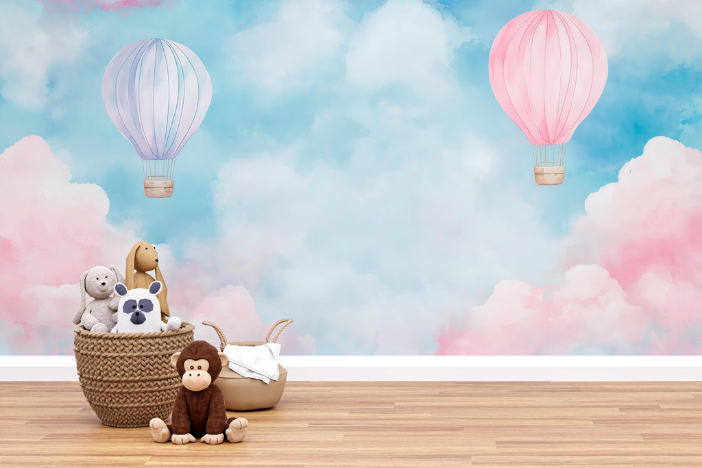Hot Air Balloon Wallpaper For Nursery – Pink And Lavender Cloud Wall Mural – 3D Peel And Stick Stylish Wall Decor – Modern Bold Baby Shower